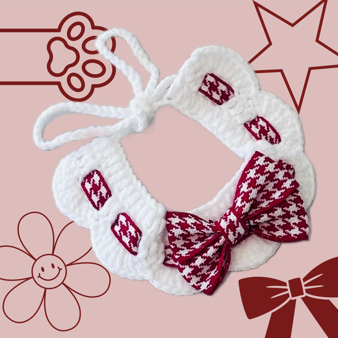 Scalloped Houndstooth Crochet Dog Collar in Red & White