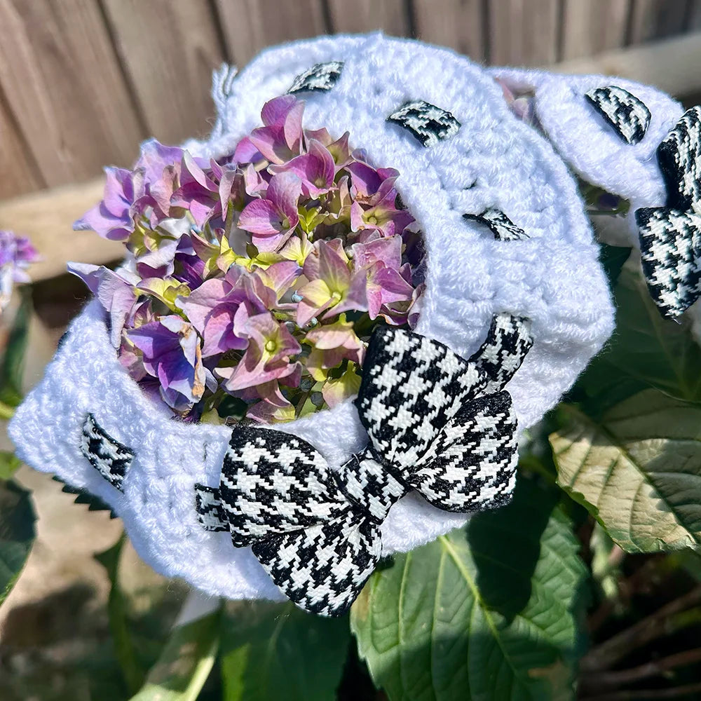 Scalloped Houndstooth Crochet Dog Collar in Black & White