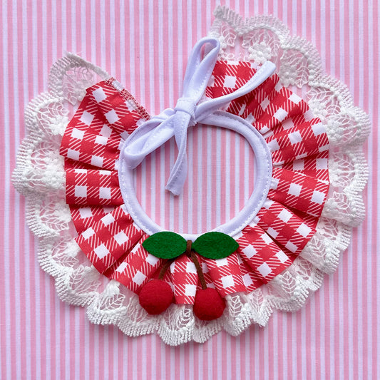 Red Cherry Gingham Lace Ruffle Dog Collar