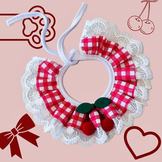 Red Cherry Gingham Lace Ruffle Dog Collar