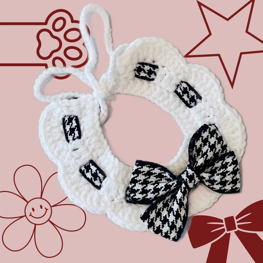 Scalloped Houndstooth Crochet Dog Collar in Black & White